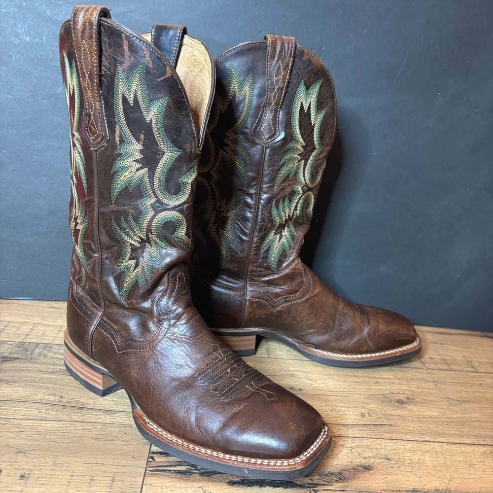 Ariat Tombstone Western Boot Brown Leather Green Stitching Square Toe Size 9.5 - Picture 2 of 11